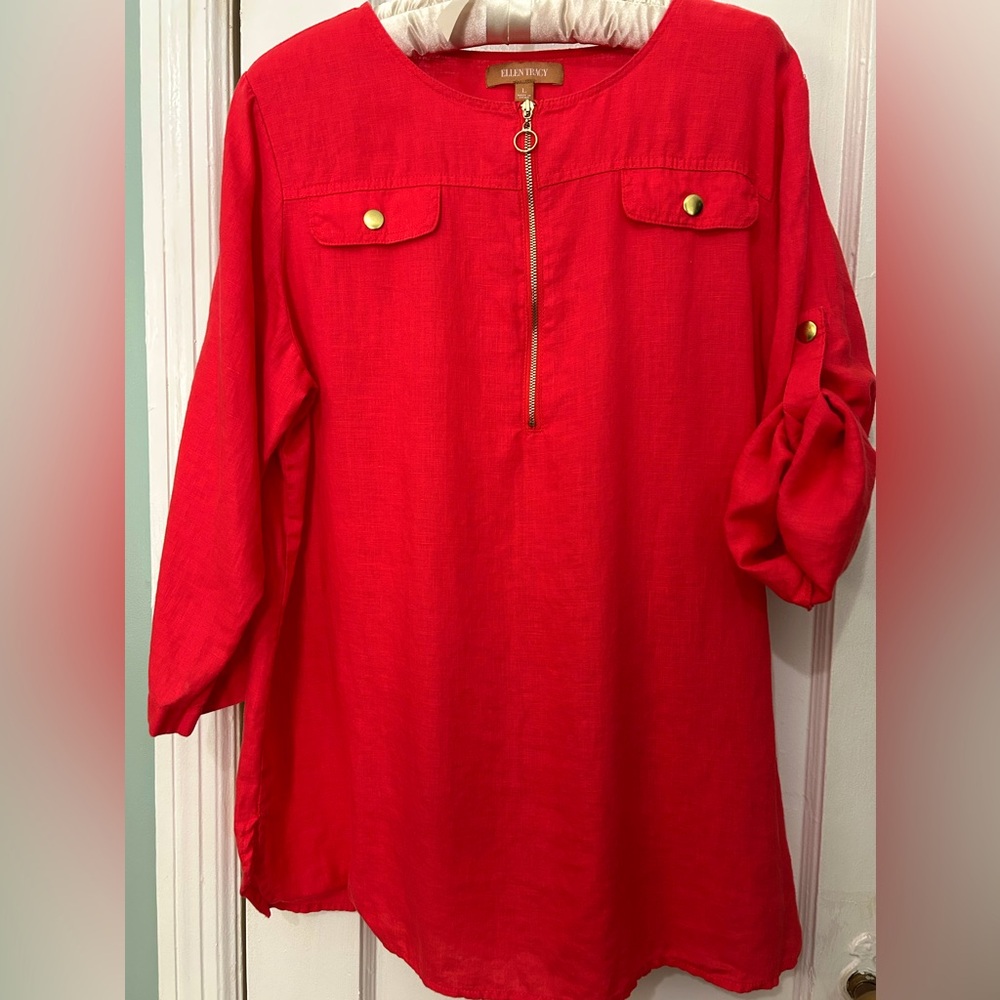 EUC designer Ellen Tracy orange linen tunic shirt 1/2 gold zip buttons Sz L